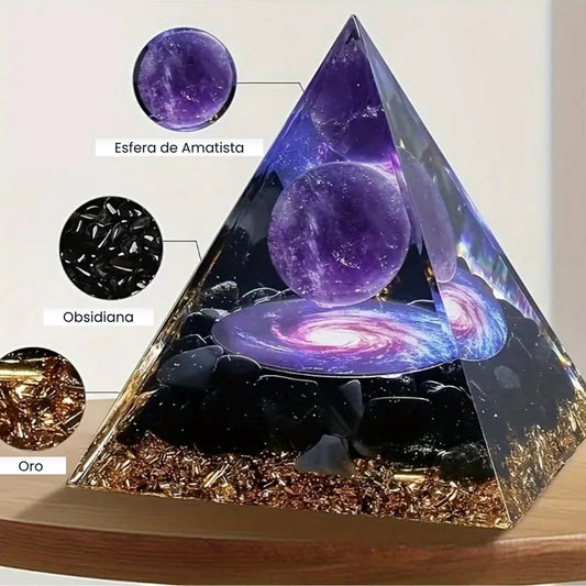 Pirámide Raíz Dorada – Orgón de Amatista y Obsidiana