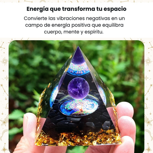 Pirámide Raíz Dorada – Orgón de Amatista y Obsidiana